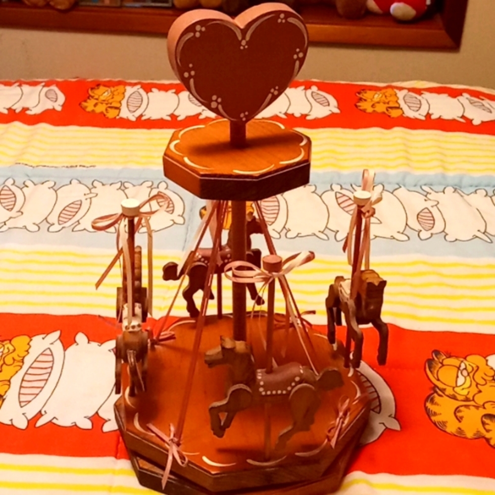 Vintage, Homemade, Moving Wooden Carousel 🎠 with 4 Adorable Hand Painted Horses